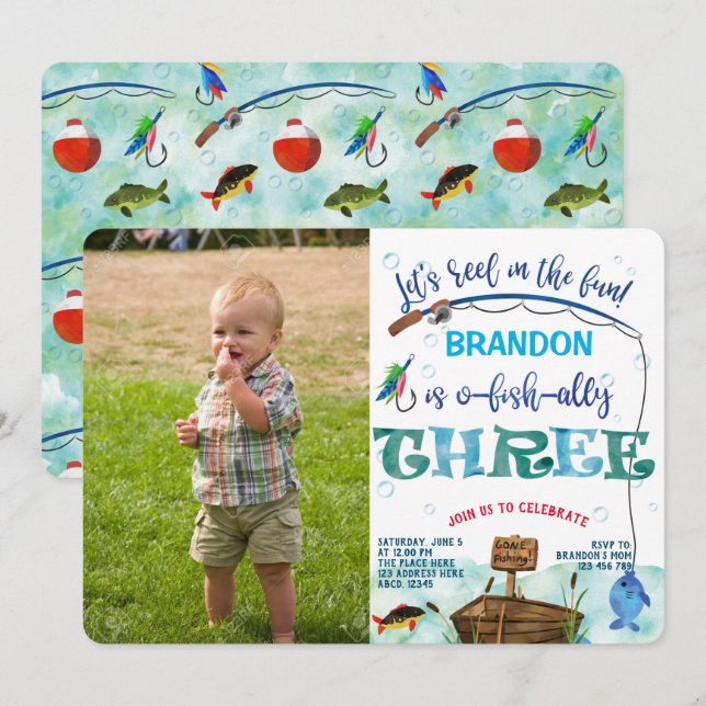 Gone Fishing 3rd birthday Little Fisherman Photo Invitation (Front/Back)
