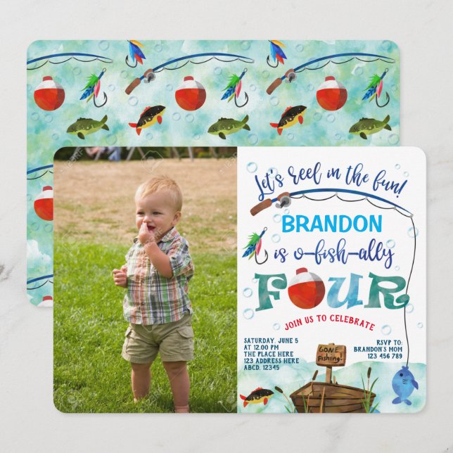 Gone Fishing 4th birthday Little Fisherman Photo Invitation (Front/Back)