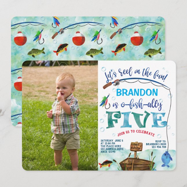 Gone Fishing 5th birthday Little Fisherman Photo Invitation (Front/Back)