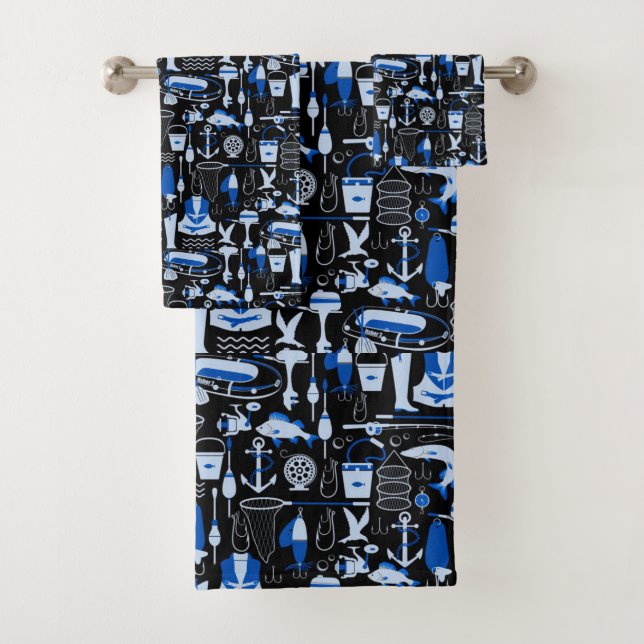 Gone Fishing Blue Pattern Bath Towel Set (Insitu)
