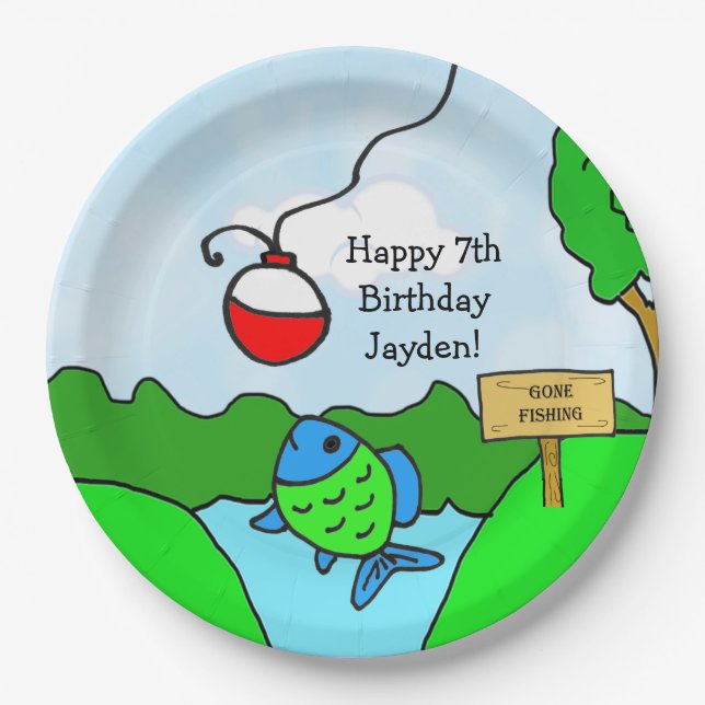 Gone Fishing Boy's Birthday Party Paper Plate (Front)