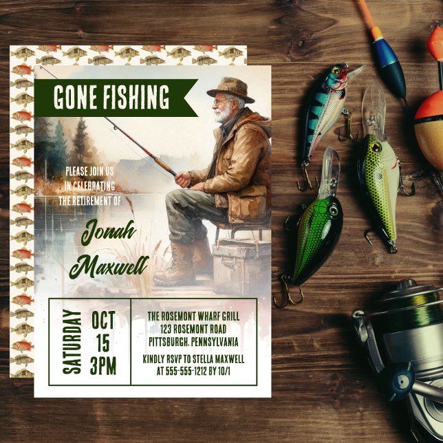 Gone Fishing Fisherman Scene Retirement Party Invitation ("Gone Fishing" Fisherman Scene Retirement Party Invitation)