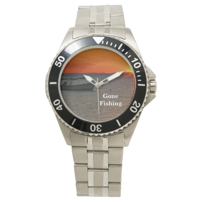 Gone Fishing, Fishing Boat, Stainless Steel Wrist Watch (Front)