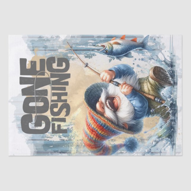 Gone Fishing Gnome Decoupage Tissue Paper (Front)