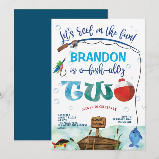 Gone Fishing, O-fish-ally, 2nd birthday fishing Invitation (Front/Back)