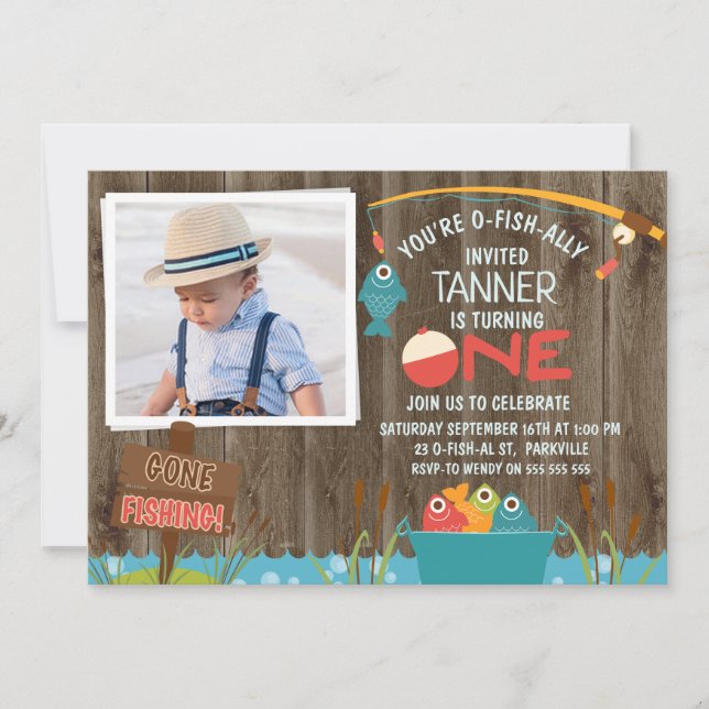 Gone Fishing Ofishally One 1st Birthday Invitation (Front)