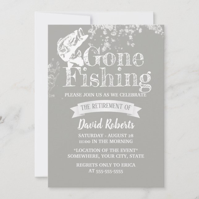 Gone Fishing Silver Retirement Party Invitation (Front)