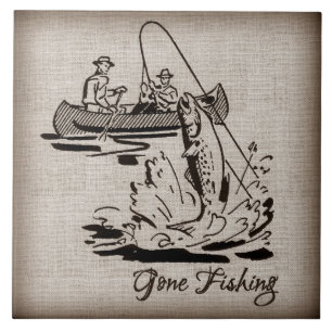 Gone Fishing Vintage Canoe Kayak Fish on Burlap Tile