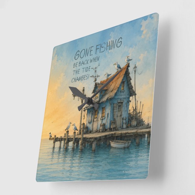 Gone Fishing Whimsical Coastal Wall Clock (Angle)