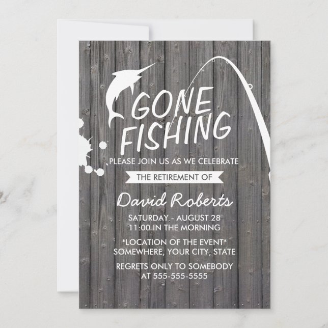 Gone Fishing Wood Background Retirement Party Invitation (Front)