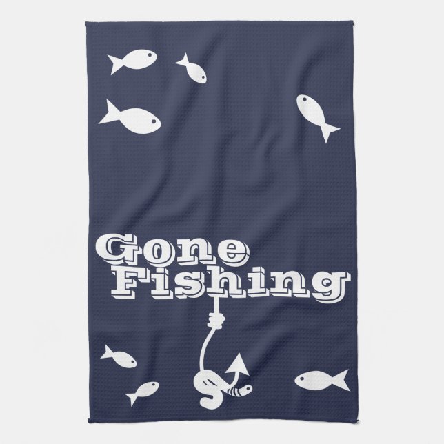 Gone Fishing Worm on Fishing Hook & Fish Tea Towel (Vertical)