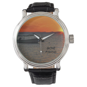 Gone Fishing Wrist Watch, Black Leather Strap Watch