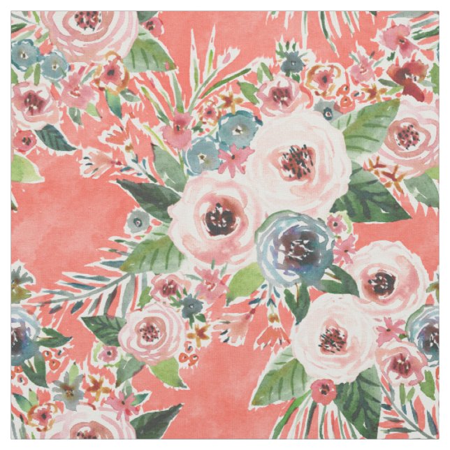 GONE FLORAL Coral Rose Print Fabric (Swatch)