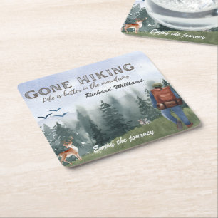 Gone Hiking Life is Better Mountains Hiker Deer Square Paper Coaster