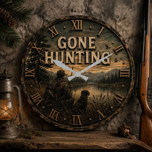 Gone Hunting Rustic Vintage Cabin Large Clock