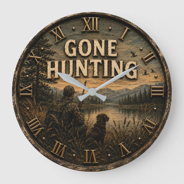 Gone Hunting Rustic Vintage Cabin  Large Clock (Front)