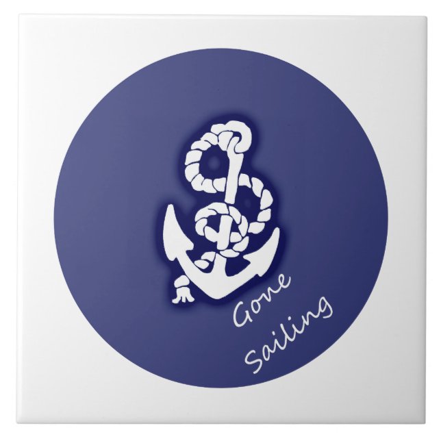 Gone Sailing White Anchor on Nautical Blue Tile (Front)