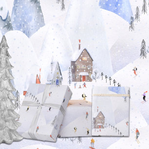 Gone Skiing For Christmas Snowy Mountain Skiers Wrapping Paper