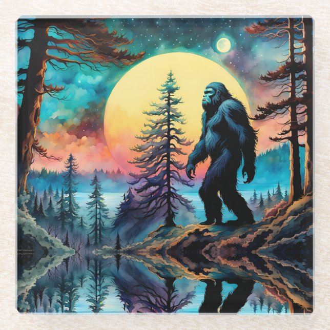 Gone Squatchin' Colourful Sasquatch Landscape Glass Coaster (Front)