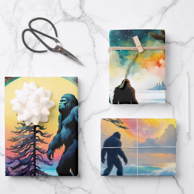 Gone Squatchin' Colourful Sasquatch Landscape II Wrapping Paper Sheet (Front)