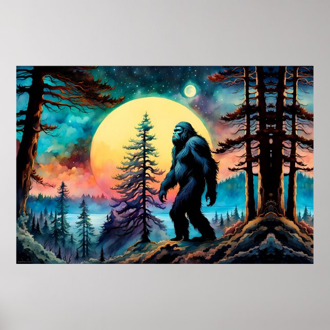 Gone Squatchin' Colourful Sasquatch Landscape Poster (Front)