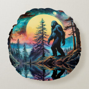 Gone Squatchin' Colourful Sasquatch Landscape Round Cushion