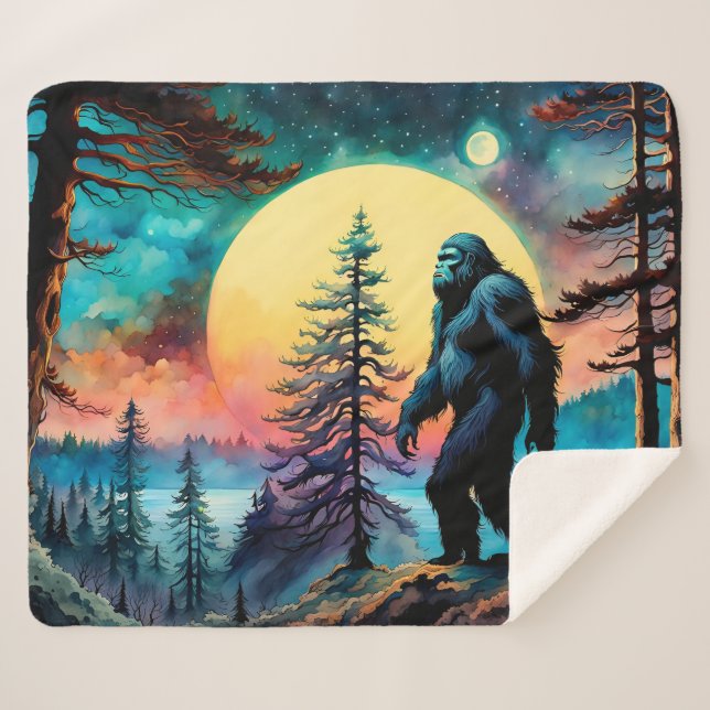 Gone Squatchin' Colourful Sasquatch Landscape Sherpa Blanket (Front (Horizontal))