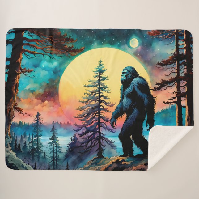 Gone Squatchin' Colourful Sasquatch Landscape Sherpa Blanket (Front (Horizontal))