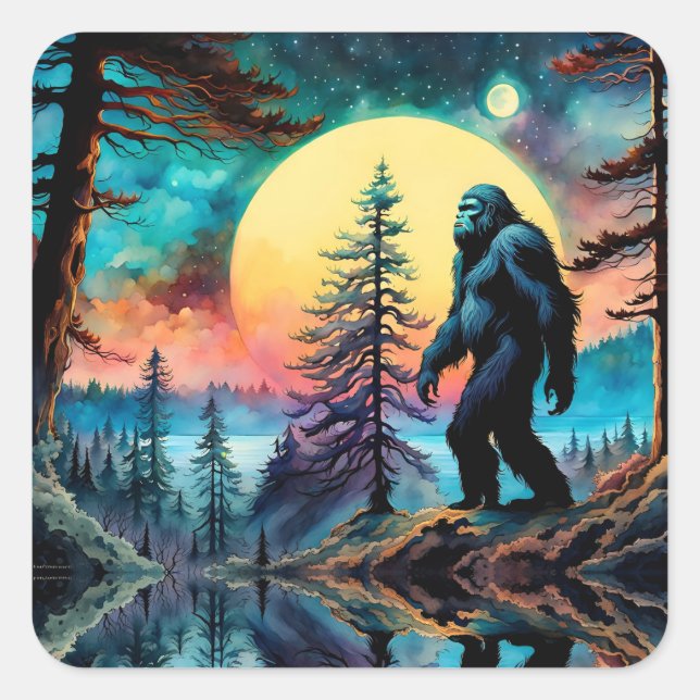 Gone Squatchin' Colourful Sasquatch Landscape Square Sticker (Front)