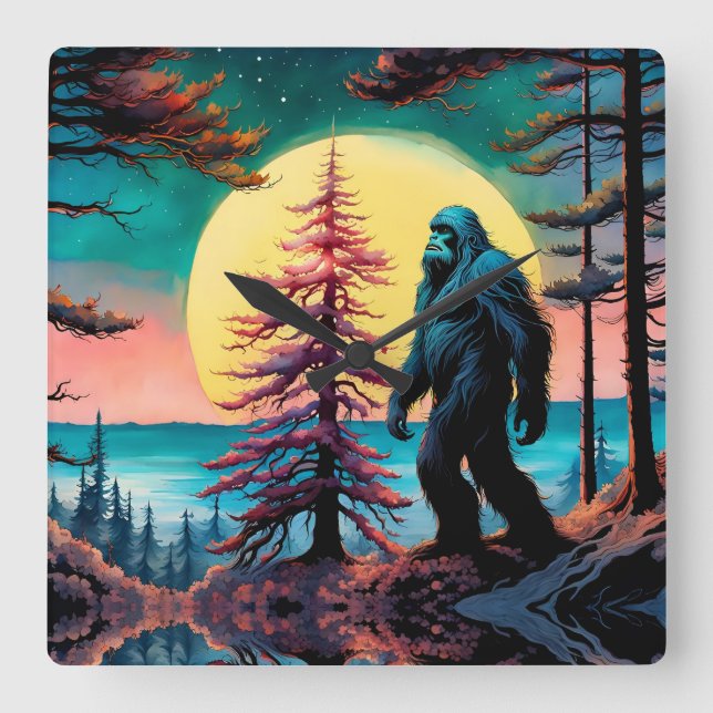 Gone Squatchin' Colourful Sasquatch Landscape Square Wall Clock (Front)