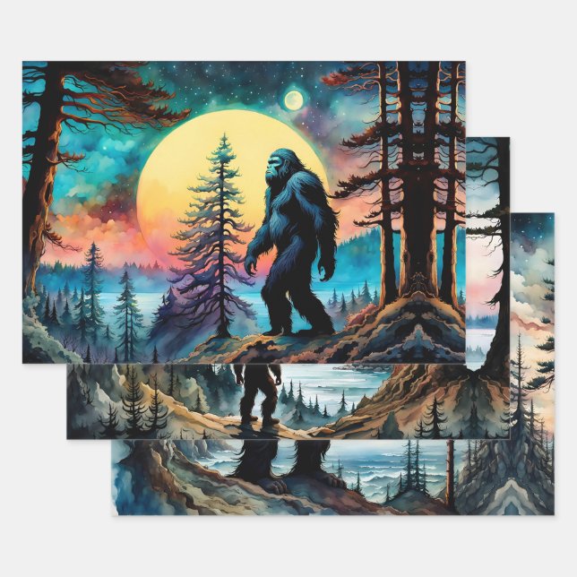 Gone Squatchin' Colourful Sasquatch Landscape Wrapping Paper Sheet (Set)