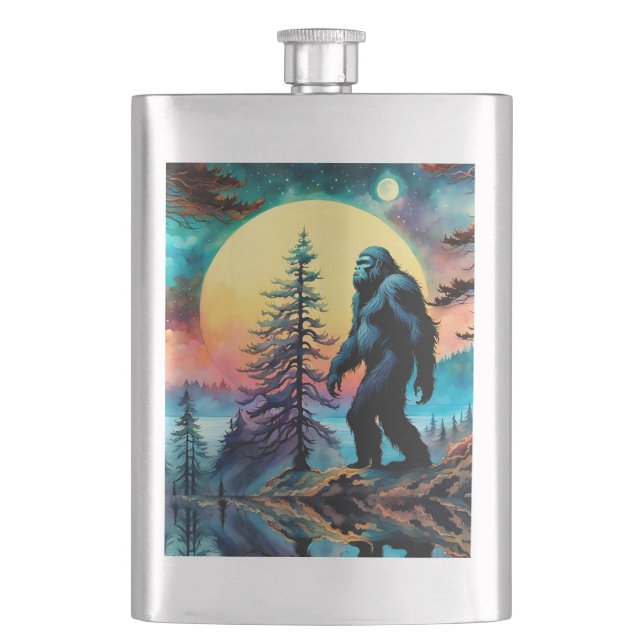 Gone Squatchin' Colourful Sasquatch Moon Hip Flask (Front)