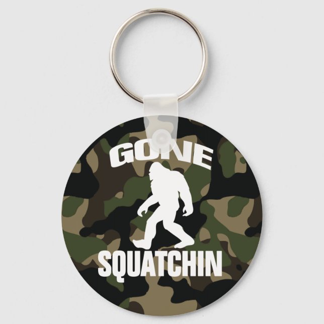 Gone Squatchin white logo with Camo Background Key Ring (Front)