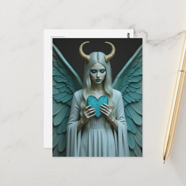 Good and Evil holding a turquoise heart  Postcard (Front/Back In Situ)