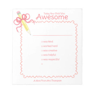 Good Behaviour Note from Teacher   Pencil with Bow