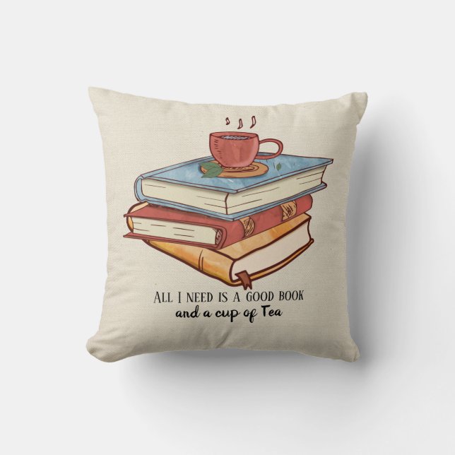 Good book cup of tea reading mug faux linen cushion (Front)