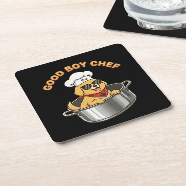 Good Boy Chef Cooking Dog Square Paper Coaster (Angled)