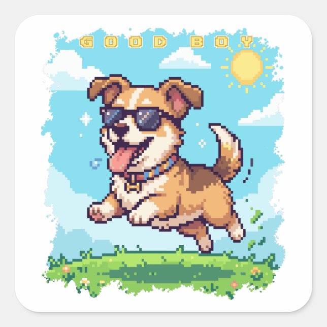Good Boy Pixel Puppy Retro Gaming Design Square Sticker (Front)
