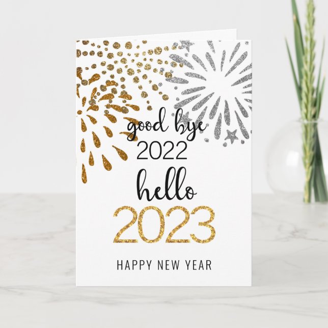 Good Bye 2022 Hello 2023 | Festive Fireworks Gold Holiday Card (Front)