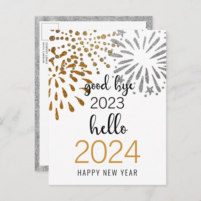 Good Bye 2023 Hello 2024 Festive Fireworks Gold  Holiday Postcard (Front/Back)