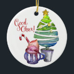 Good Cheer! Tree, Hot Chocolate, Family Names  Ceramic Tree Decoration<br><div class="desc">Good Cheer! Tree, Hot Chocolate, Family Names Ceramic Ornament - A watercolor Christmas Ornament with a stylised tree with star on top paired with a gorgeous mug of hot chocolate with whipped cream and a candy cane. The greeting "Good Cheer" is different and still very welcoming. The opposite side of...</div>
