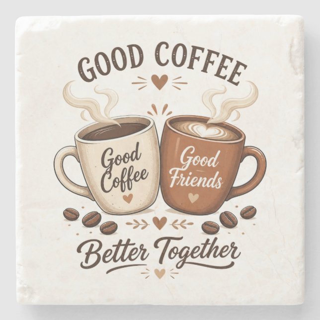 Good Coffee Good Friends with two coffee cups Stone Coaster (Front)