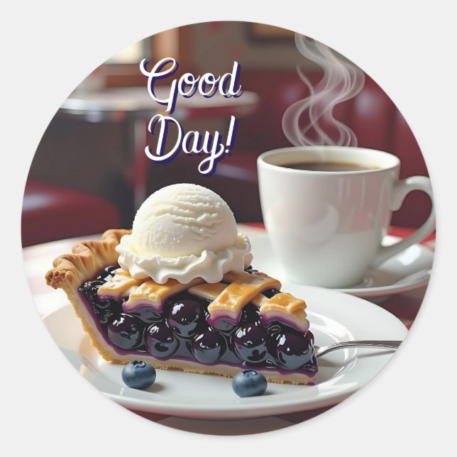 Good Day | Blueberry Pie, Ice Cream & Coffee Classic Round Sticker (Front)