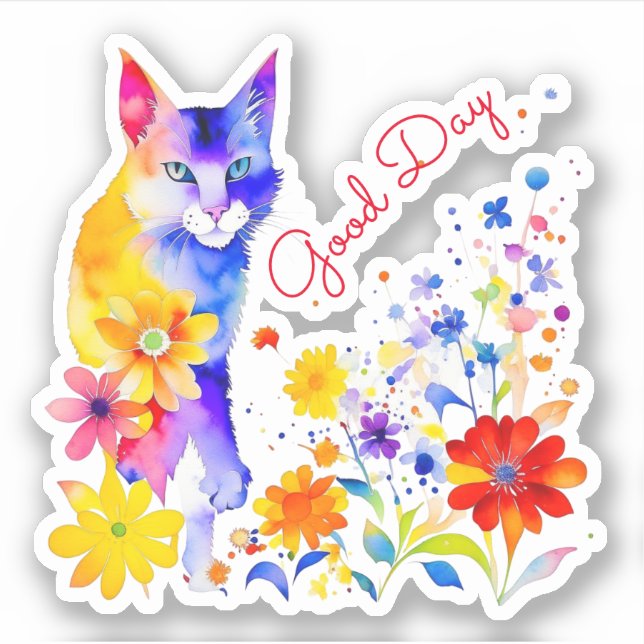 Good Day | Watercolor Cat and Flowers  (Front)