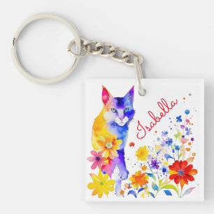 Good Day   Watercolor Cat and Flowers  Key Ring
