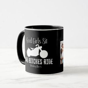 Good Girls Sit, in black, Running on Diesel mug