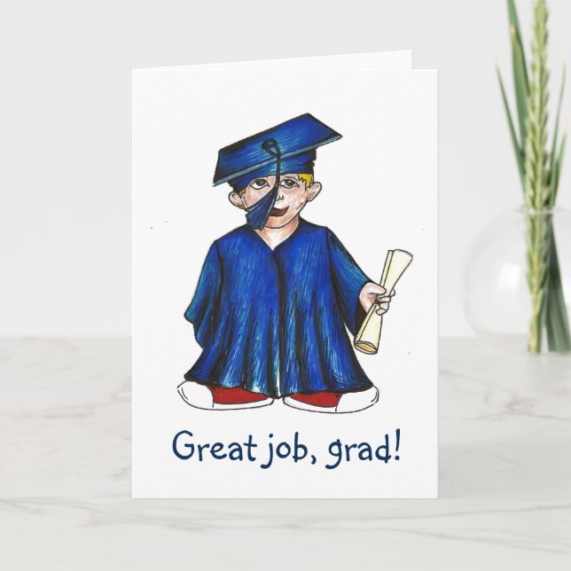 Good Job Grad Preschool Graduation Blue Cap & Gown Card (Front)