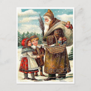 Good kids meet Santa Claus with gifts, vintage Postcard