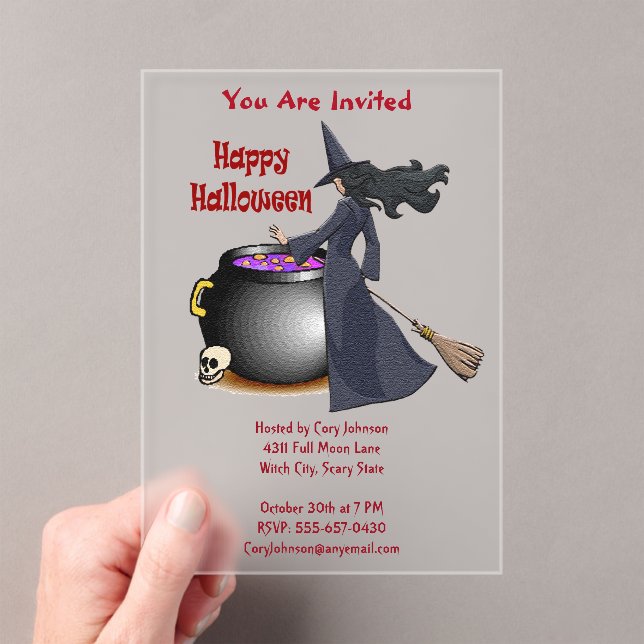 Good Looking Witch and the Cauldron Halloween Acrylic Invitations (Insitu (Handheld))