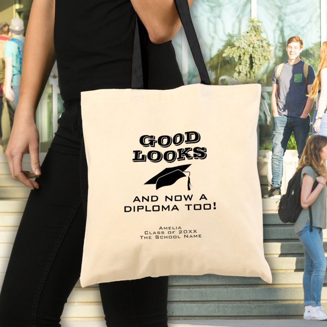 Good Looks and Now Diploma Too Funny Graduation  Tote Bag (Creator Uploaded)